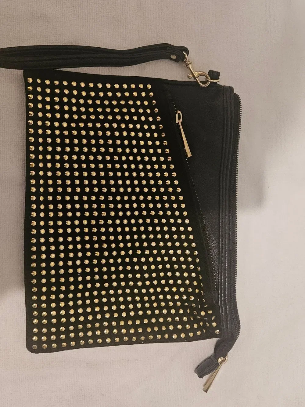 Black Studded Wristlet Clutch with Gold Hardware